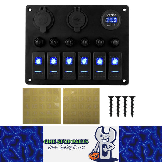 Blue 6 Gang Switch Panel USB Charger Circuit Breakers Voltmeter Power Socket