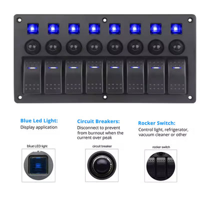 8 Gang Rocker Switch Panel Blue LED Lights Pre-Wired with Circuit Breakers