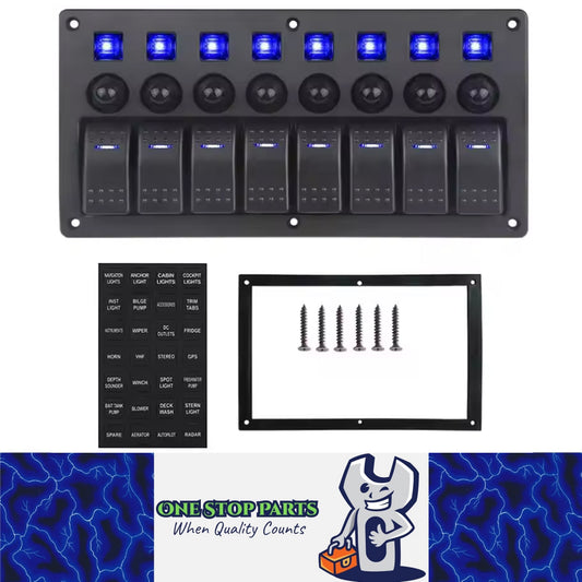 8 Gang Rocker Switch Panel Blue LED Lights Pre-Wired with Circuit Breakers