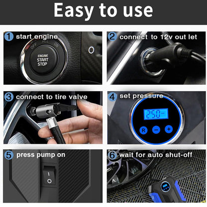 Blue Car Air Compressor Pump Tire Inflator 12V 3M Cigarette Lighter Plug Cable