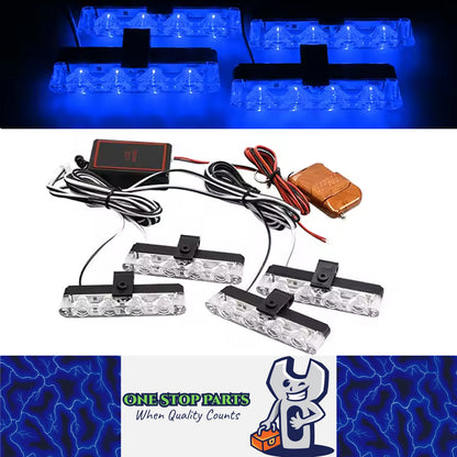 4 x Car Front LED Grille Lights Blue LED Strobe Lights Remote Grill Warning Lamp