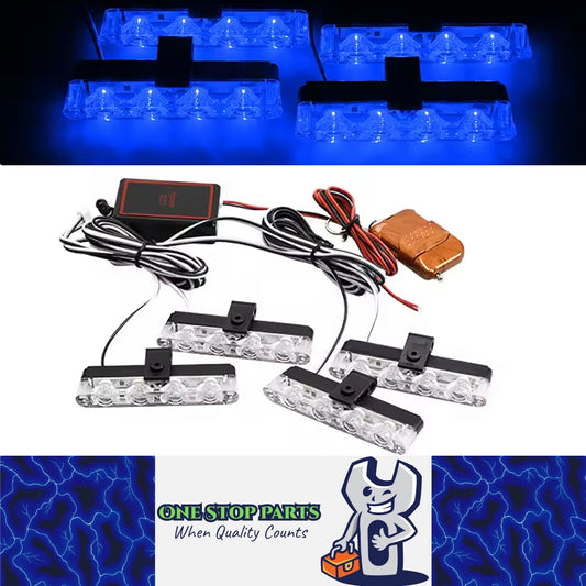 4 x Car Front LED Grille Lights Blue LED Strobe Lights Remote Grill Warning Lamp
