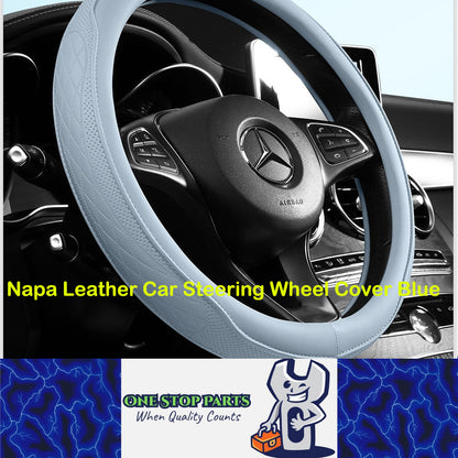 Napa Leather Car Steering Wheel Cover Universal 38cm Non-slip Breathable Blue