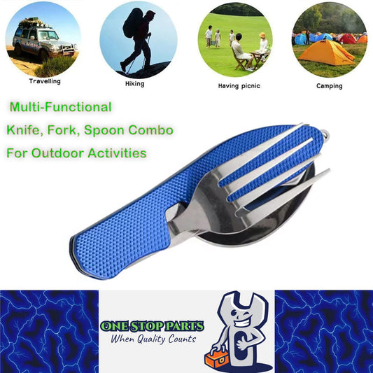 Blue Foldable Multi-Functional Knife Fork Spoon Combo for Camping and Travel