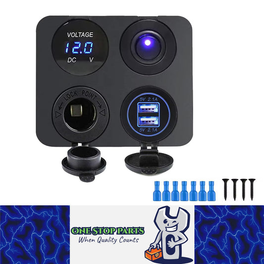 Blue LED 4 in1 12V Switch Panel USB Charger Voltmeter Switch and Power Socket
