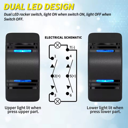 Blue LED Rocker Switch ON/Off/ON Latching DPDT 7 Pin 12-24V Switch Car Marine