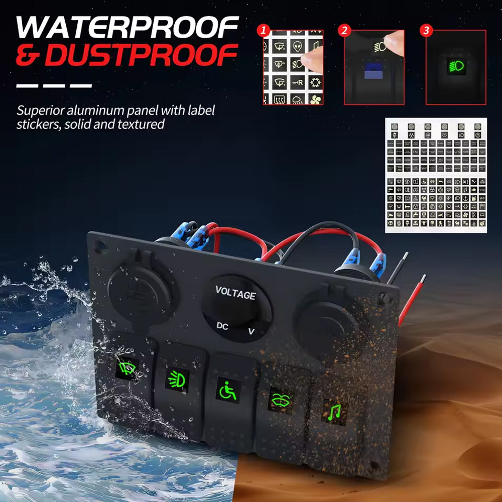5 Gang Blue LED Rocker Switch Panel with 2.4A Dual USB Port Voltmeter 12V Outlet