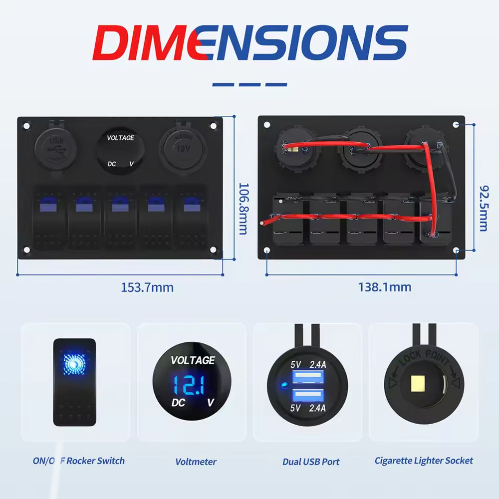 5 Gang Blue LED Rocker Switch Panel with 2.4A Dual USB Port Voltmeter 12V Outlet