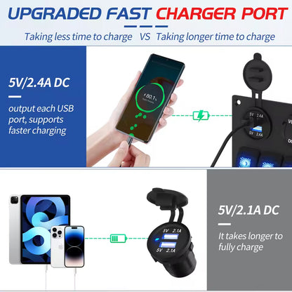 5 Gang Blue LED Rocker Switch Panel with 2.4A Dual USB Port Voltmeter 12V Outlet