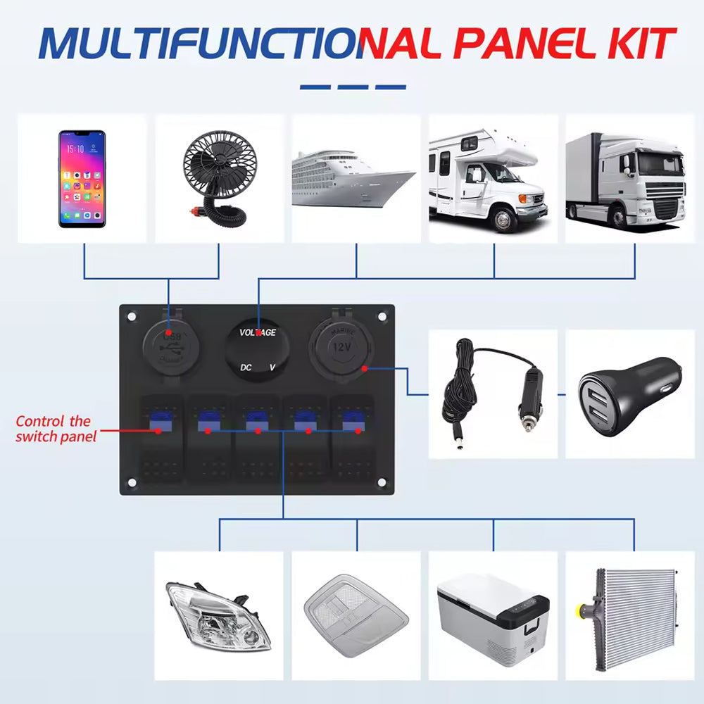 5 Gang Blue LED Rocker Switch Panel with 2.4A Dual USB Port Voltmeter 12V Outlet