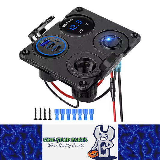4in1 Blue LED Switch Panel 12V QC3.0+Dual PD USB Charger Voltmeter Power Socket