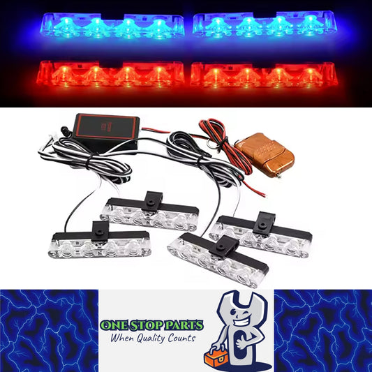 4 x Car LED Grille Lights Blue/Red LED Strobe Lights Remote Grill Warning Lamps