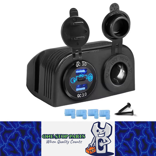 Tent Type Panel Cigarette Lighter Socket + PD USB C & QC3.0 USB Charger & Switch