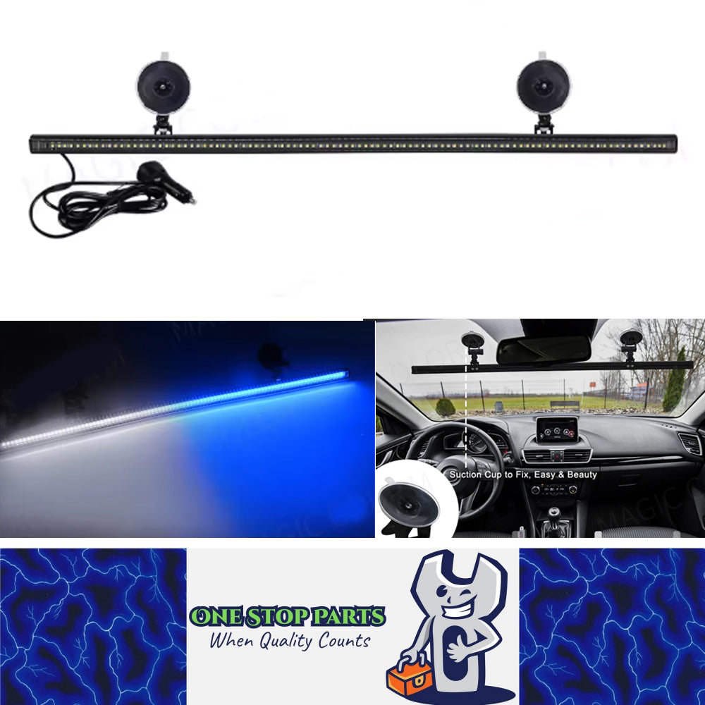 Blue/White Flexible Car Strobe Light Windshield Suction Mount 83CM Beacon Lamp