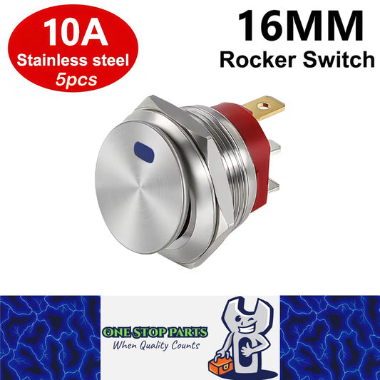 5 x Blue LED 16mm Metal Rocker Switch 12-24V 10A 3Pin ON/OFF Self-Locking Switch