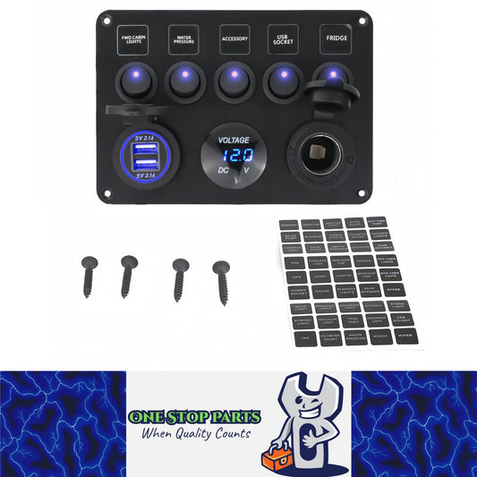 12-24V Blue 5 Switch Panel USB Port 12V Outlet Combination Marine LED Rocker