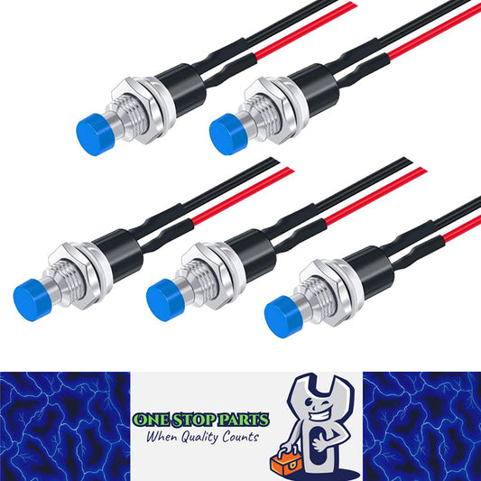 5 x BLUE Push Button Switches 7mm ON/OFF SPST Panel Mount Switches 20cm Wire