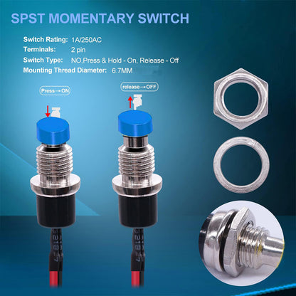 5 x BLUE Push Button Switches 7mm ON/OFF SPST Panel Mount Switches 20cm Wire