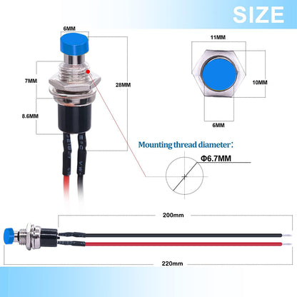 5 x BLUE Push Button Switches 7mm ON/OFF SPST Panel Mount Switches 20cm Wire