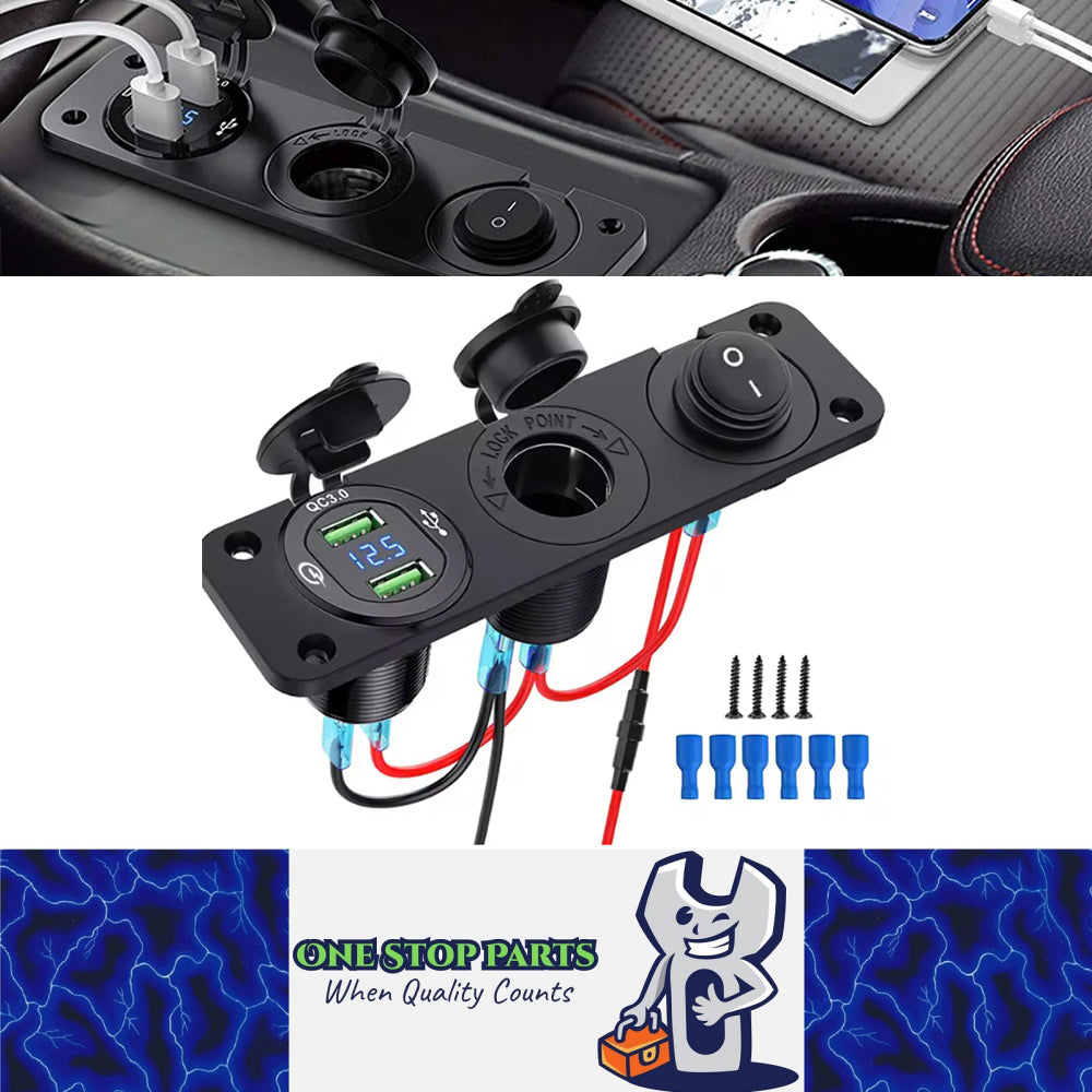4 in1 Blue Switch Panel 12-24V Dual QC3.0 USB Charger + Voltmeter + Power Socket