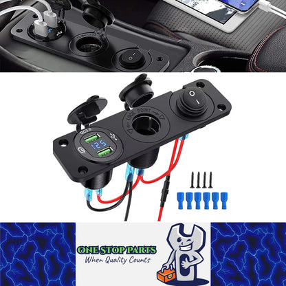 4 in1 Blue Switch Panel 12-24V Dual QC3.0 USB Charger + Voltmeter + Power Socket