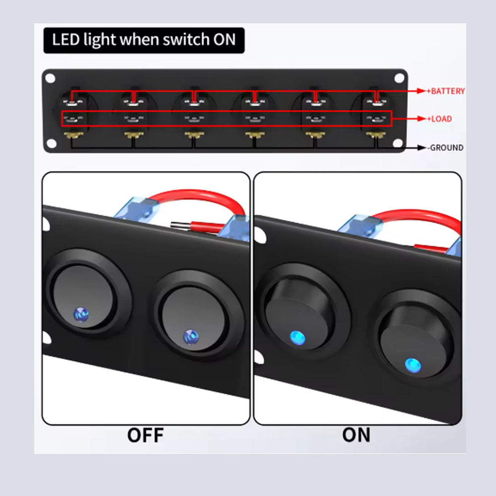 Pre Wired 6 Gang Switch Panel LED Rocker Switch 12V 20A Panel Car Truck Marine