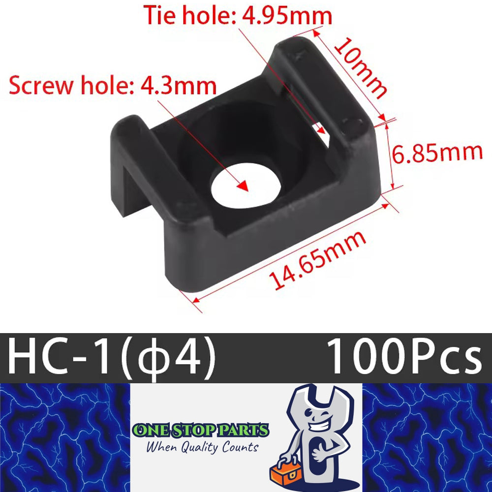 100 X Black Cable tie Mounts Plastic 4.3mm Centre screw or pop rivet base