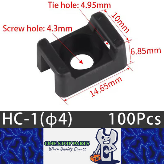 100 X Black Cable tie Mounts Plastic 4.3mm Centre screw or pop rivet base