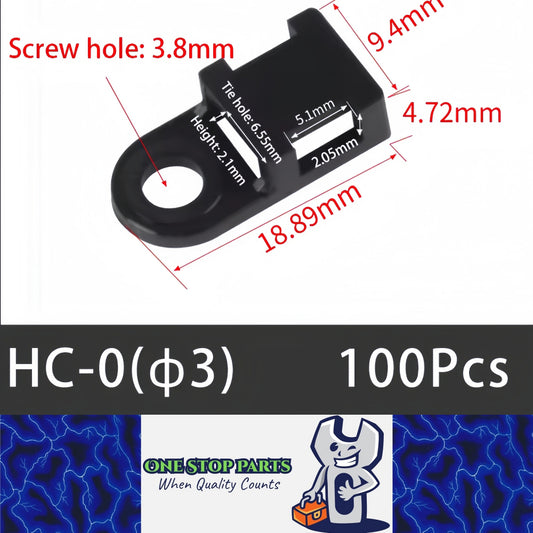 100 X Black Cable tie Mounts Plastic 3.8mm screw or pop rivet base for cable tie