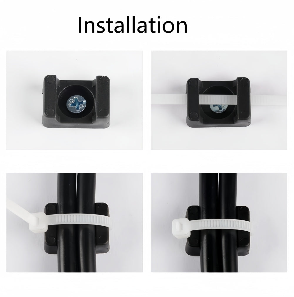 100 X Black Cable tie Mounts Plastic 5.4mm Centre screw or pop rivet base