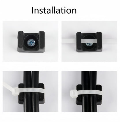 100 X Black Cable tie Mounts Plastic 5.4mm Centre screw or pop rivet base