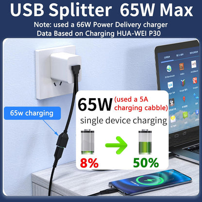 20cm USB Splitter Cable USB A 1 in 2 Out 65W Charging & USB2.0 Data (Up Angle)