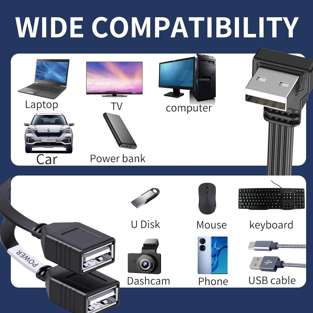 20cm USB Splitter Cable USB A 1 in 2 Out 65W Charging & USB2.0 Data (Down Angle)