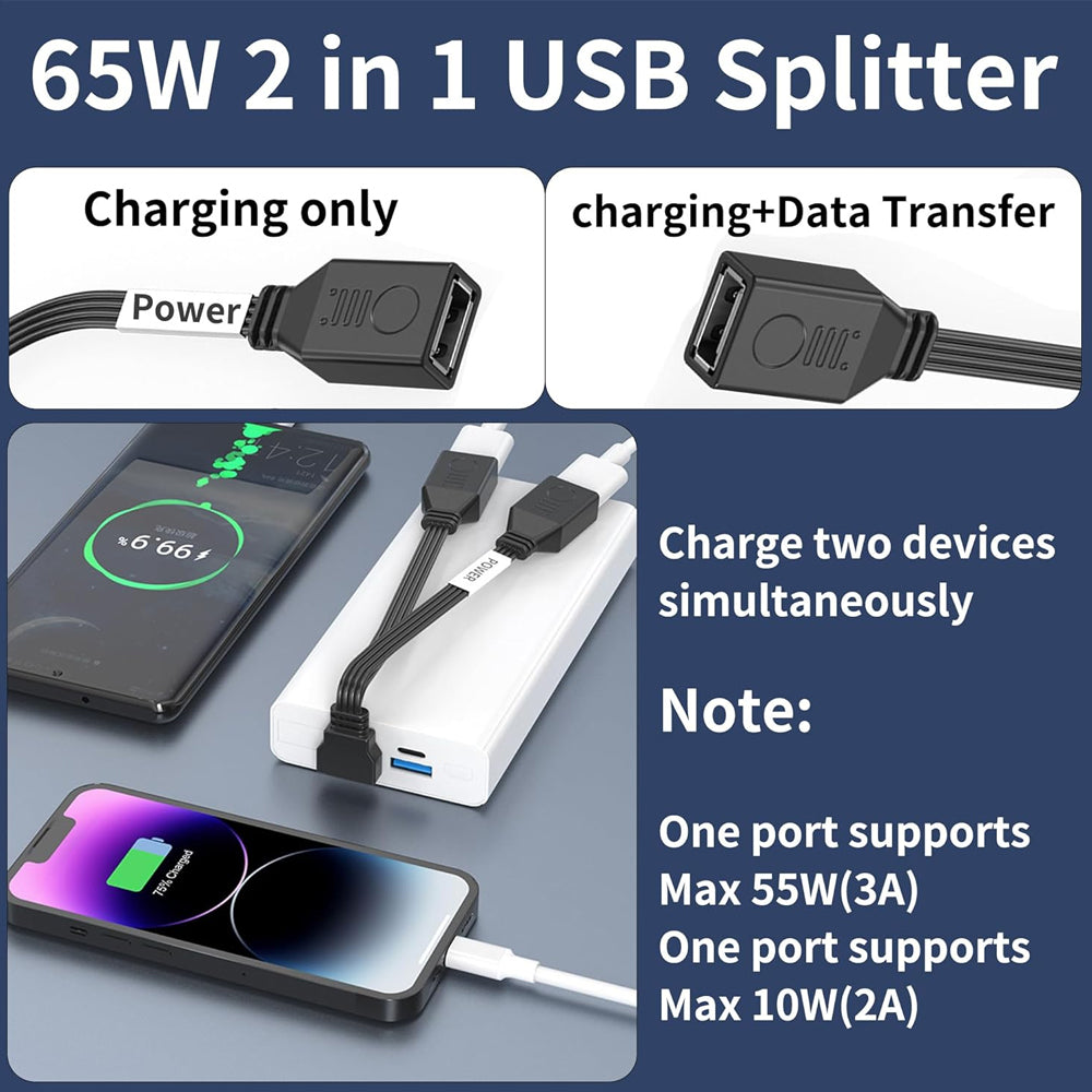 20cm USB Splitter Cable USB A 1 in 2 Out 65W Charging & USB2.0 Data (Down Angle)