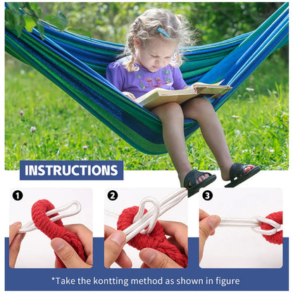 1 x Blue Canvas Hammock Camping Swing with Tree Ropes Load-bearing Up to 200kg