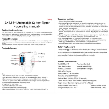 Car Current Tester Blade Fuse Max 48V 20A Circuit Tester Repair Detector Tool