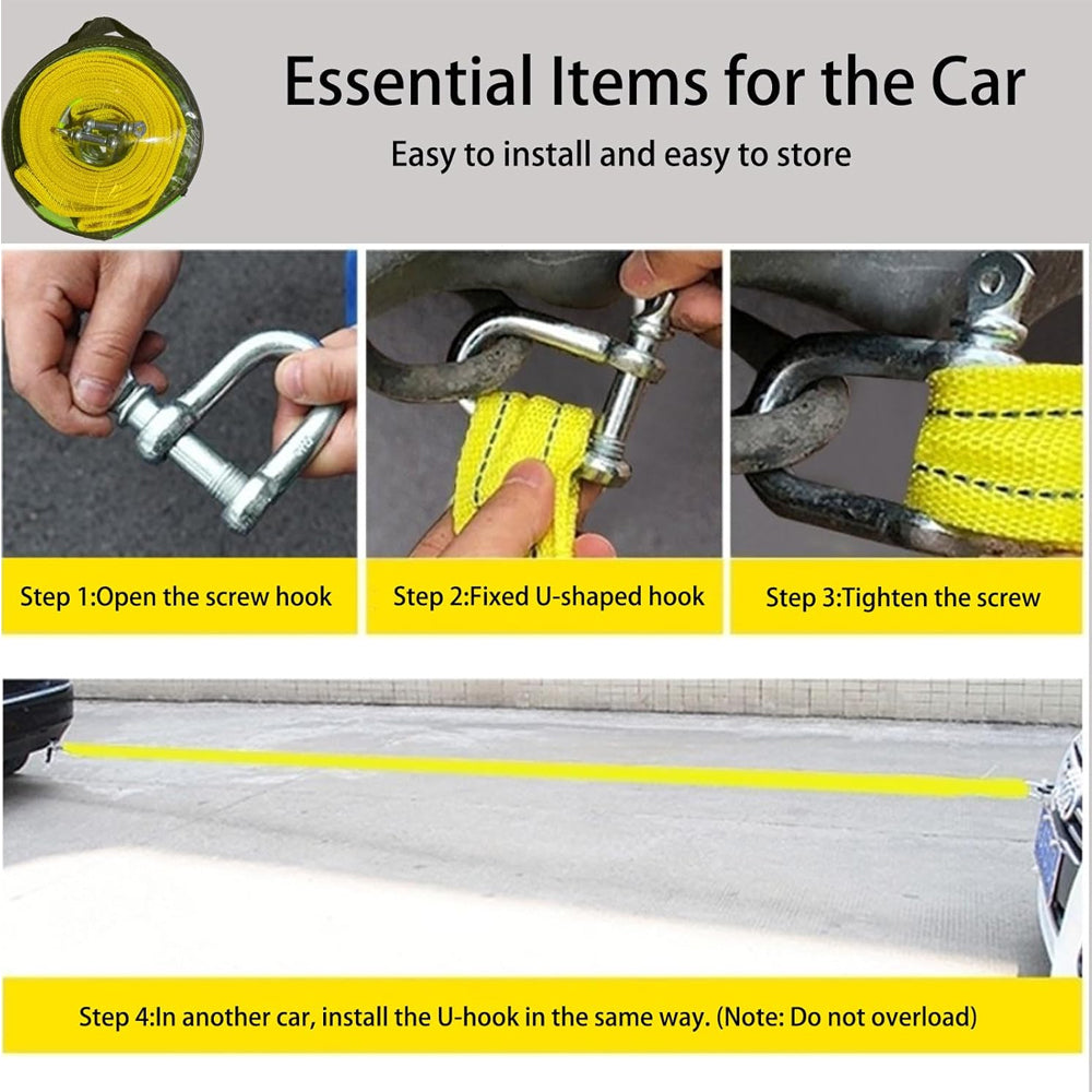 5 Ton 4M Car Trailer Tow Rope with U Hook Recovery Rope Heavy Duty Tow Strap