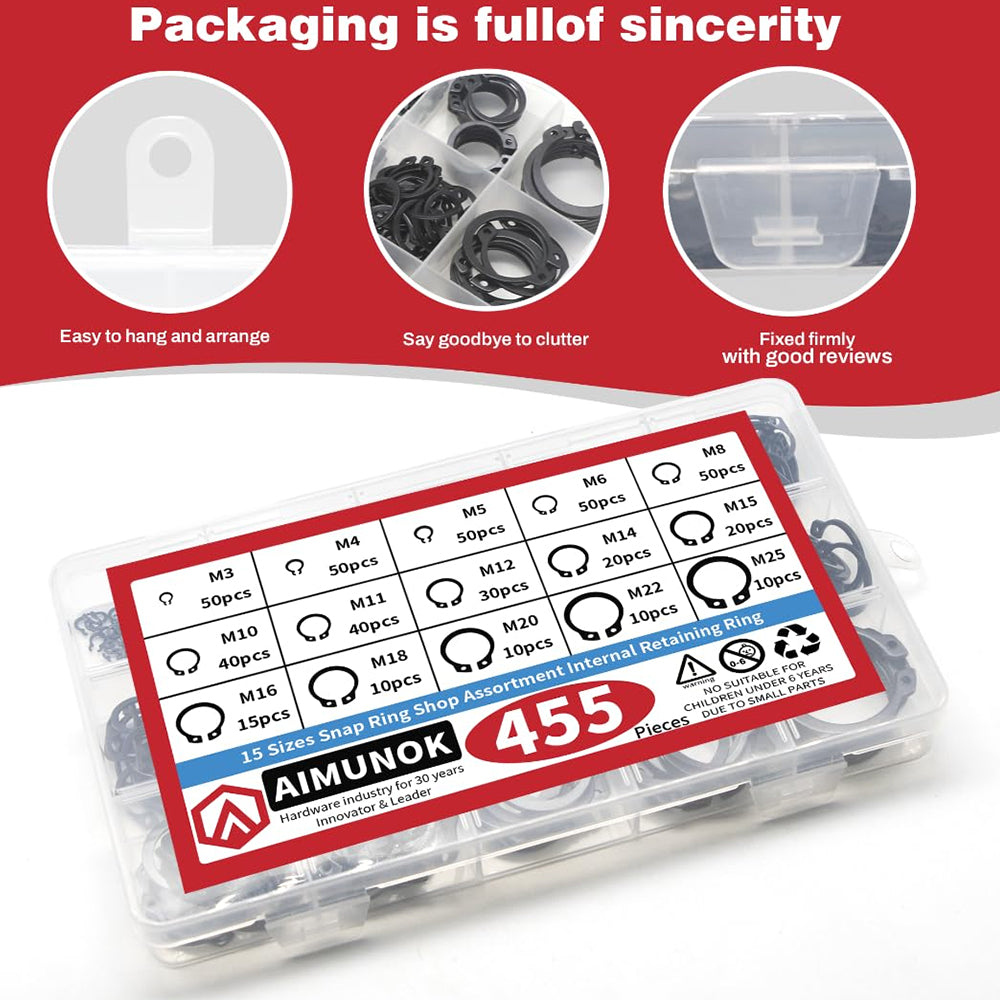 455pcs Carbon Steel External Snap Rings Circlip C-Clip Assortment Kit M3-M25
