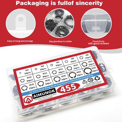 455pcs Carbon Steel External Snap Rings Circlip C-Clip Assortment Kit M3-M25