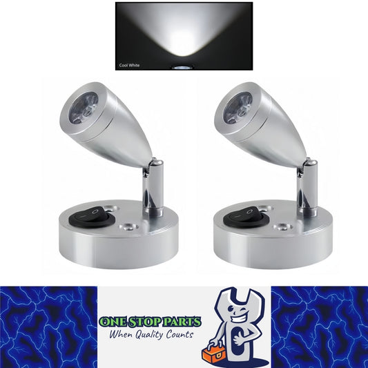Pair 12v Silver LED Bedside Reading Lights Cool White with Switch Rotatable LED