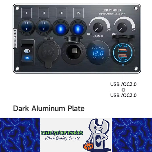 Rocker Switch Panel LED Dimmer Switch QC3.0 USB Charger Power Socket Voltmeter