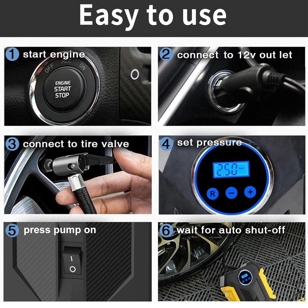 Yellow Car Air Compressor Pump Tire Inflator 12V 3M Cigarette Lighter Plug Cable
