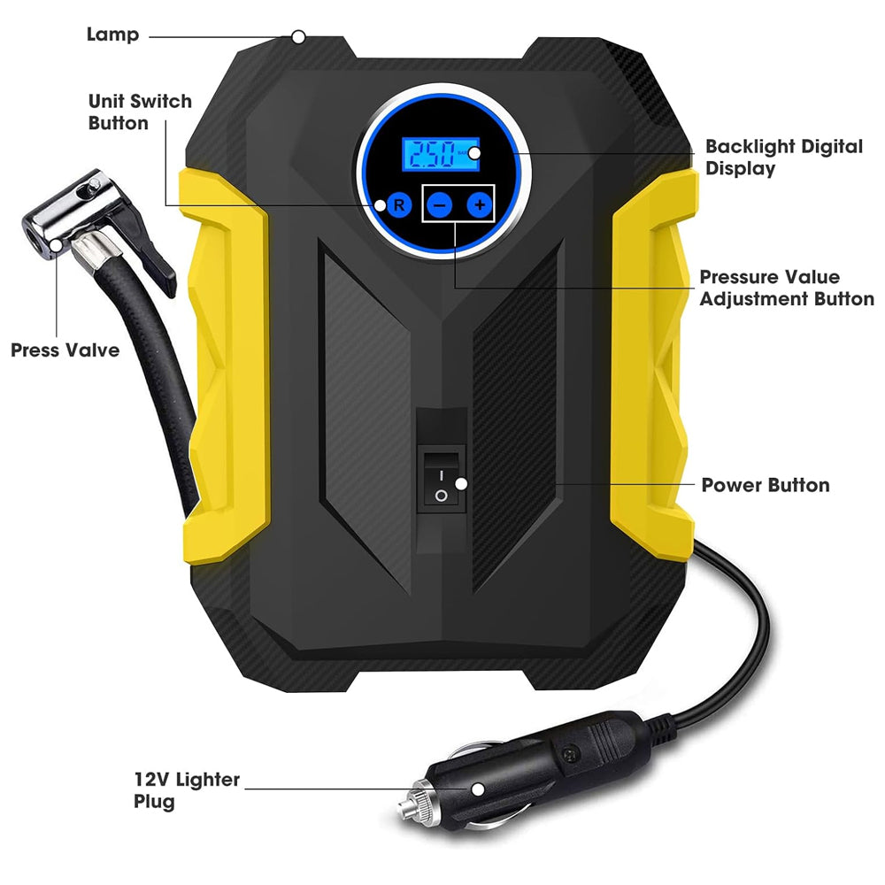 Yellow Car Air Compressor Pump Tire Inflator 12V 3M Cigarette Lighter Plug Cable