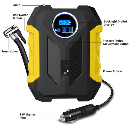 Yellow Car Air Compressor Pump Tire Inflator 12V 3M Cigarette Lighter Plug Cable