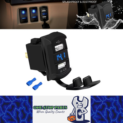 Dual USB Charger Port Blue LED Voltmeter for Rocker Switch Panel on Boat RV Car