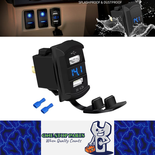 Dual USB Charger Port Blue LED Voltmeter for Rocker Switch Panel on Boat RV Car