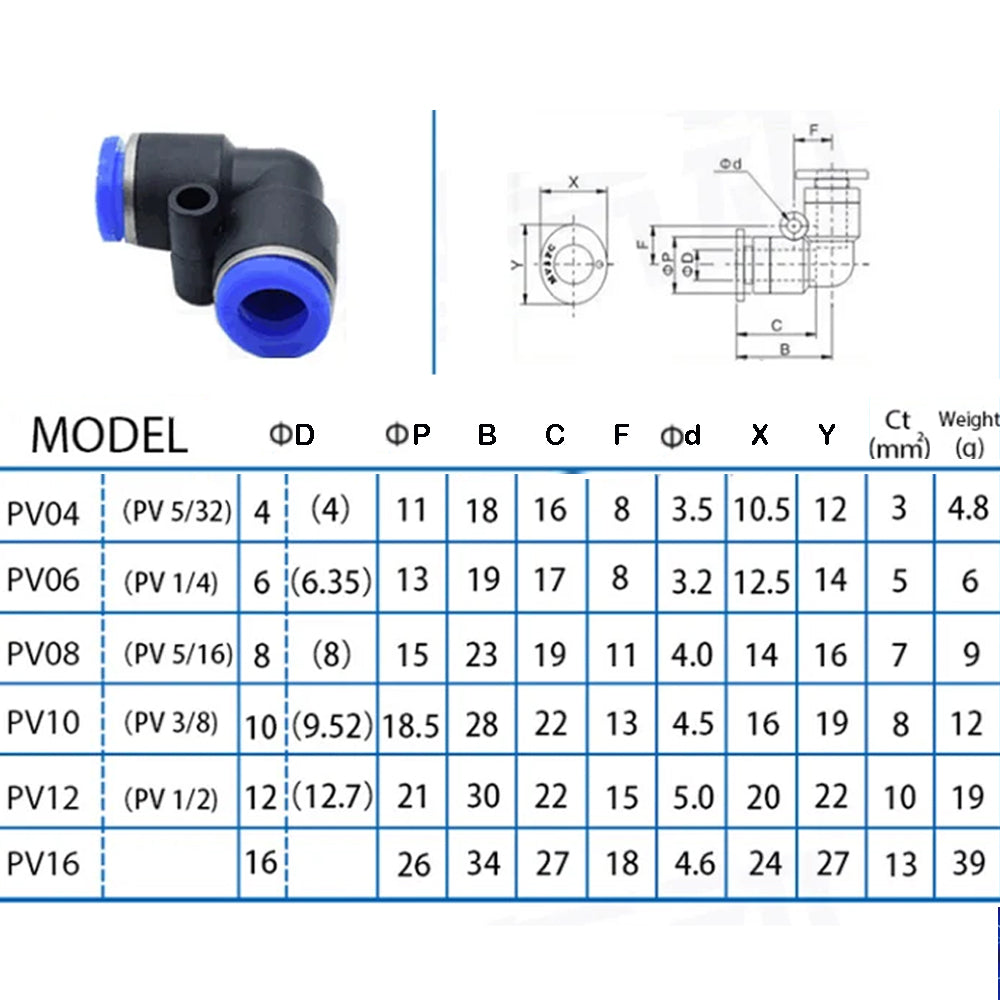 100 x PV10 Elbow Air Pneumatic Connectors OD10mm Hose L Type 2 Way Fittings