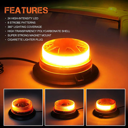 Amber LED Emergency Strobe Light Magnetic Roof Flashing Beacon Warning Light