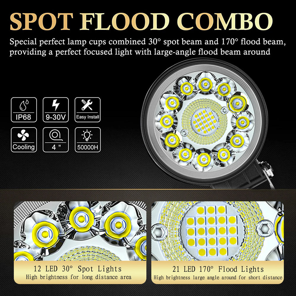 2 x Round LED Work Light 112mm 99W 12-24V 6000K Spot Flood Beam Combo Work Light