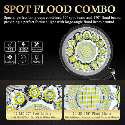 2 x Round LED Work Light 112mm 99W 12-24V 6000K Spot Flood Beam Combo Work Light